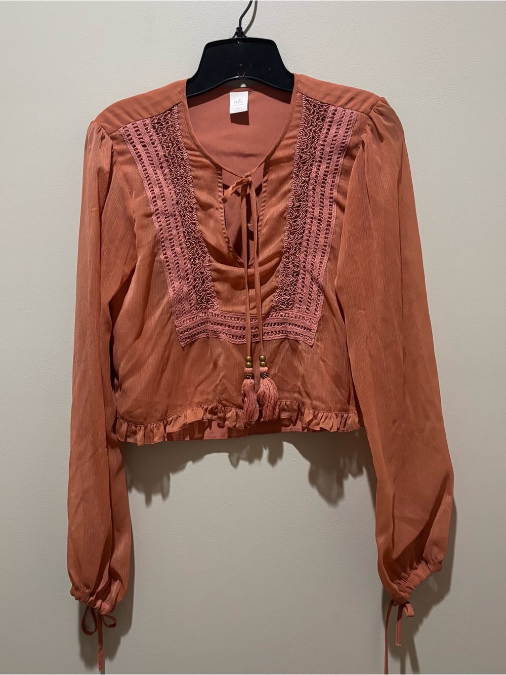 Boho Rust Crochet-Trim Tie-Neck Blouse